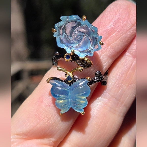 Aquamarine Butterfly & Flower Sterling Rhodium & Gold Ring Sz9 Adjustable - Picture 8 of 13